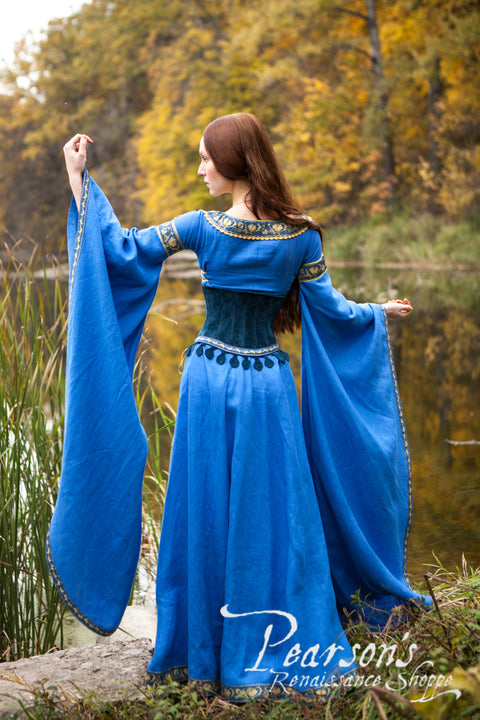 Lady of the Lake Dress with Medieval Suede Corset - Classic Blue, Green, Medieval Dresses-Medieval Shoppe