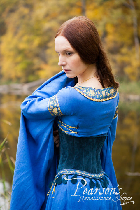 Lady of the Lake Dress with Medieval Suede Corset - Classic Blue, Green, Medieval Dresses-Medieval Shoppe
