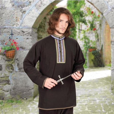 Village Festival Shirt - Black, Dark Blue, Men's Renaissance Shirts, Natural-Medieval Shoppe