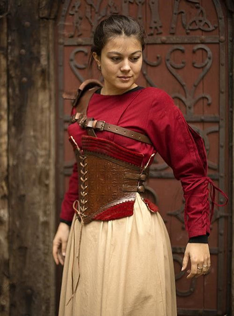 Margot Leather Underbust Corset - Bodices - Corsets - Waist Cinchers, Brown w/Black, Brown w/Dark Red-Medieval Shoppe