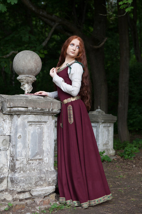 Medieval Wool Dress "Green Sleeves" - Aquamarine Wool, Dark Blue Wool, Ivory Wool, Red Wool, Sales and Specials, Special Order - Custom Made Dresses-Medieval Shoppe