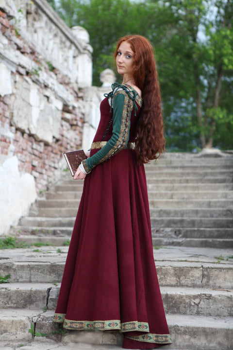 Medieval Wool Dress "Green Sleeves" - Aquamarine Wool, Dark Blue Wool, Ivory Wool, Red Wool, Sales and Specials, Special Order - Custom Made Dresses-Medieval Shoppe
