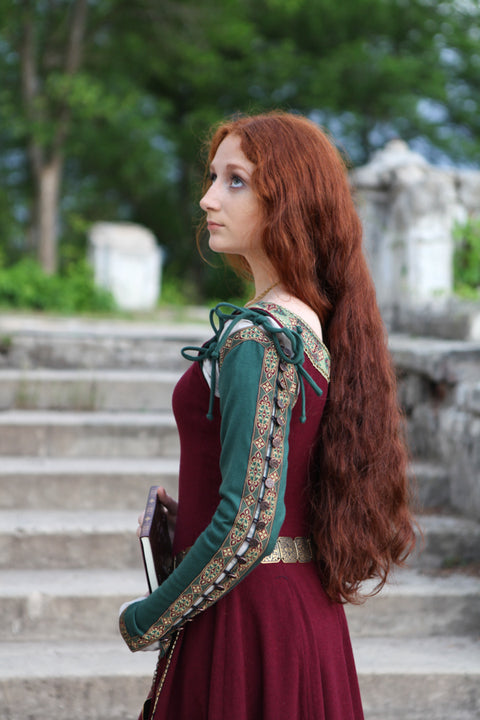 Medieval Wool Dress "Green Sleeves" - Aquamarine Wool, Dark Blue Wool, Ivory Wool, Red Wool, Sales and Specials, Special Order - Custom Made Dresses-Medieval Shoppe