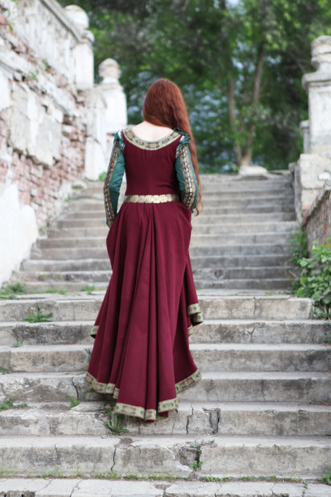Medieval Wool Dress "Green Sleeves" - Aquamarine Wool, Dark Blue Wool, Ivory Wool, Red Wool, Sales and Specials, Special Order - Custom Made Dresses-Medieval Shoppe