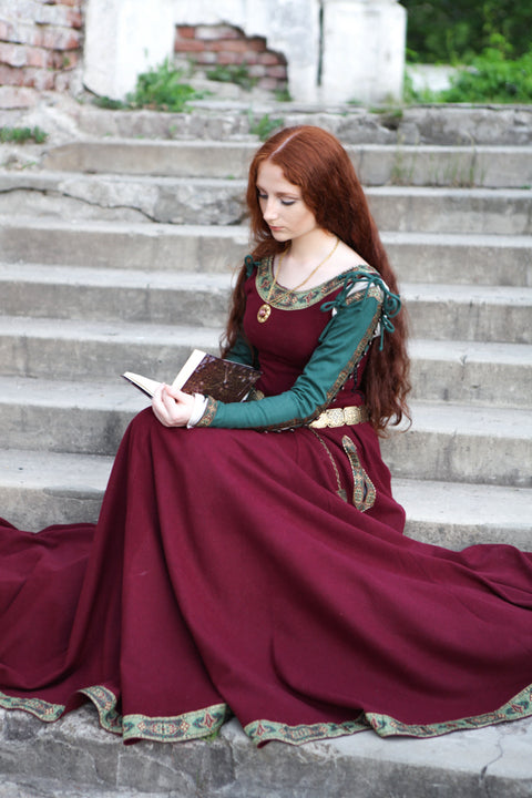 Medieval Wool Dress "Green Sleeves" - Aquamarine Wool, Dark Blue Wool, Ivory Wool, Red Wool, Sales and Specials, Special Order - Custom Made Dresses-Medieval Shoppe