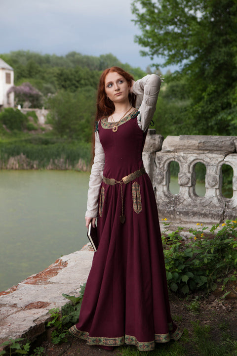 Medieval Wool Dress "Green Sleeves" - Aquamarine Wool, Dark Blue Wool, Ivory Wool, Red Wool, Sales and Specials, Special Order - Custom Made Dresses-Medieval Shoppe