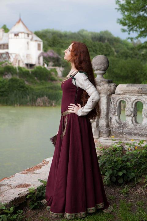 Medieval Wool Dress "Green Sleeves" - Aquamarine Wool, Dark Blue Wool, Ivory Wool, Red Wool, Sales and Specials, Special Order - Custom Made Dresses-Medieval Shoppe