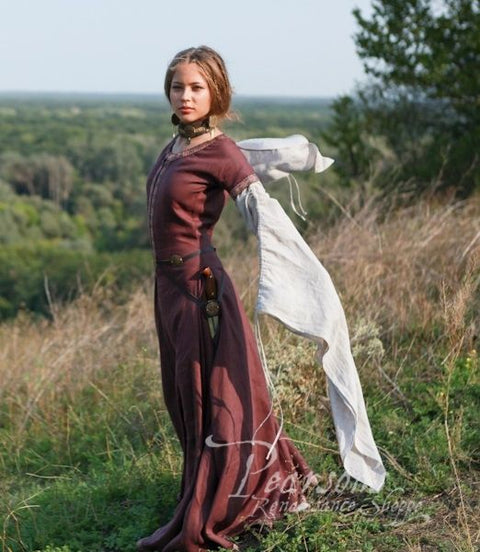Flax Linen Medieval Dress - The Archeress - Brown, Burgundy Red, Green, Medieval Dresses, Midnight Blue-Medieval Shoppe