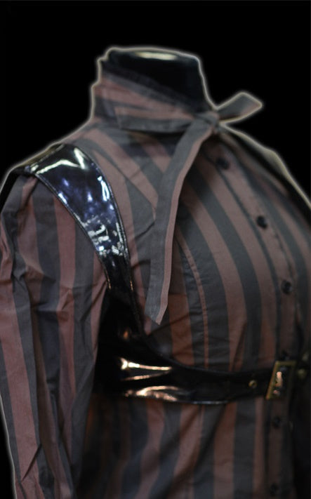 Steampunk Striped Buckle Blouse - Black, Black/White Striped, Brown Stripe, Red Stripe, Women's Steampunk Clothing-Medieval Shoppe