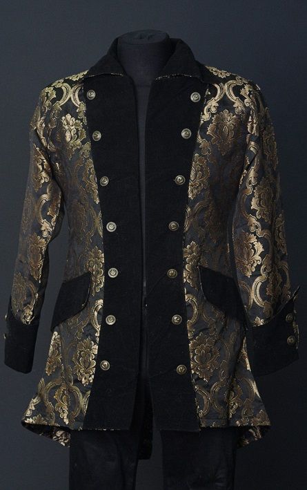 Steampunk Pirate Jacket - Black, Black w/Brown Lapels, Gold Brocade, Men's Steampunk Clothing, Royal Blue-Medieval Shoppe