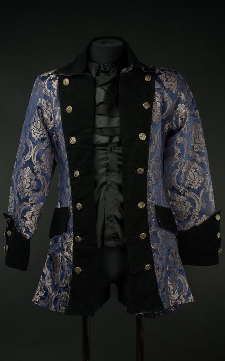 Steampunk Pirate Jacket - Black, Black w/Brown Lapels, Gold Brocade, Men's Steampunk Clothing, Royal Blue-Medieval Shoppe