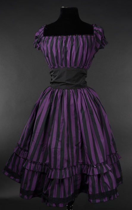 Striped Gothabilly Dress - Black/White Striped, Brown Stripe, Gray Stripe, Purple Stripe, Red Stripe, Women's Steampunk Clothing-Medieval Shoppe